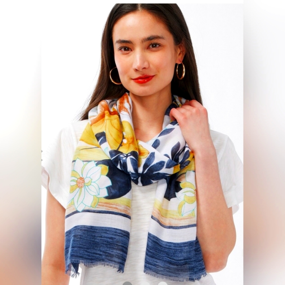 Chico's Tropic Garden Oblong Scarf- blue, yellow, white